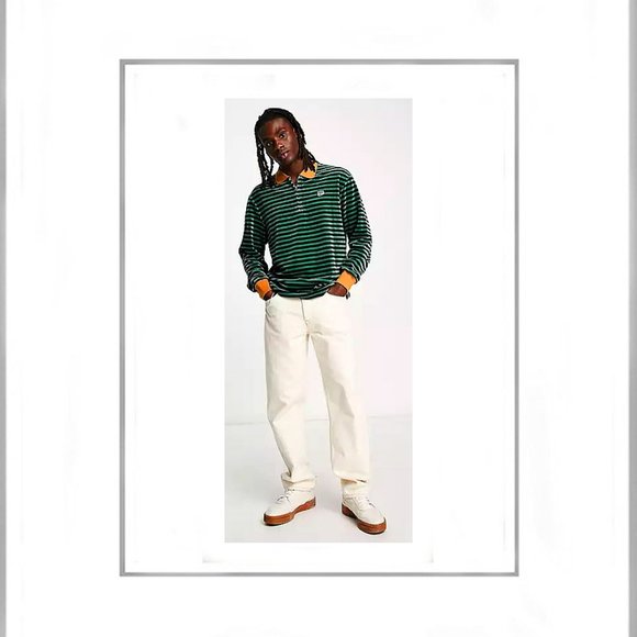 New Rare & Unique Green Striped Velour Puma Long Sleeve Polo Shirt 100% Cotton